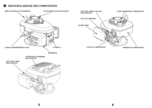 Page 3IDENT IFICA ZIONE DEI COMPONENT I
CANDEL A
MA RMITTA IMPUGNATURA DI AVVIAMENTO AVVIATORE AUTOAVVOLGENTE
TAPPO DI RIEMPIMENT O OL IO
COPERCHIO SUPERIORE
(tipi pertinenti)
LEVA DELL’ARIA
(tipi pertinenti)
56
LEVA DI COMANDO
FILTRO ARIA
VALVOLA CARBURANTE
SERBA T OIO CARBURANTE TAPPO SERBAT OIO CARBURANTE LEVA DEL FRENO V OL A NO
(tipi pertinenti) 