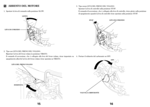 Page 8INNEST A T A
15
Spostare la leva di comando sulla posizione SLOW.
Ilcomando di accensione, che è collegato alla leva del f reno volano, viene impostato su
spegnimento allorché la leva del f reno volano viene spostata su TIRATO. Riportarela leva del f reno volano in posizione TIRATO. 1.
2. Tipo con LEVA DEL FRENO DEL VOLANO:
ARRESTO DEL MOTORE
LENTO
LEVA DI COMANDO
INNEST A T A
LEVA DEL FRENO V OL A NO
INNESTATA INNEST A T A
Spostare la leva di controllo sulla posizione STOP.
Ilcomando di accensione, che...