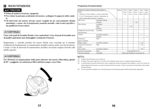 Page 9Registrazione e controllo periodici del motore Honda sono essenziali per il massimo
rendimento di f unzionamento. La manutenzione periodica assicura anche una vita del motore.
Itempi e il tipo di interventi di manutenzione periodica necessaria vengono descritti nella
tabella seguente.
MA NUT ENZIONE
Prima di assistere il motore, spegnerlo.
Per evitare lapartenza accidentale del motore, scollegare il cappuccio delle cande-
le.
Gliinterventi sul motore devono essere eseguiti da un concessionario Honda...