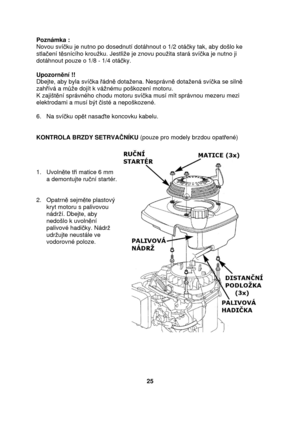 Page 25Poznámka :  
Novou svíku je nutno po dosednutí dotáhnout o 1/2 otá ky tak, aby došlo ke 
stla ení t snícího krouku. Jestlie je znovu pouita stará sv í ka je nutno ji 
dotáhnout pouze o 1/8 - 1/4 otá ky. 
  
Upozorn ní !! 
Dbejte, aby byla sví ka  ádn  dotaena. Nesprávn  dotaená sví ka se siln  
zah ívá a m e dojít k vánému poškození motoru. 
K zajišt ní správného chodu motoru sví ka musí mít správnou mezeru mezi 
elektrodami a musí být  isté a nepoškozené.  
  
6.   Na sví ku op t nasa te koncovku...