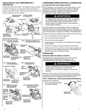 Page 222S
UBICACIÓN DE LOS COMPONENTES Y 
CONTROLES
El área de control del motor varía según el tipo de motor. 
Consulte las figuras a continuación para determinar el 
tipo de control del motor cuando lea la sección Operación 
y otras secciones en este manual.COMPROBACIONES ANTES DE LA OPERACIÓN 
¿EL MOTOR ESTÁ LISTO PARA PARTIR?
Para su seguridad, y para maximizar la vida útil del equipo, es muy 
importante tomarse unos minutos antes de operar el motor para 
comprobar su condición. Asegúrese de ocuparse de...