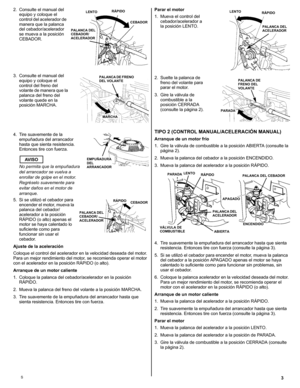 Page 233S
2. Consulte el manual del 
equipo y coloque el 
control del acelerador de 
manera que la palanca 
del cebador/acelerador 
se mueva a la posición 
CEBADOR.
3. Consulte el manual del 
equipo y coloque el 
control del freno del 
volante de manera que la 
palanca del freno del 
volante quede en la 
posición MARCHA.
4. Tire suavemente de la 
empuñadura del arrancador 
hasta que sienta resistencia. 
Entonces tire con fuerza.
AV I S O
No permita que la empuñadura 
del arrancador se vuelva a 
enrollar de...