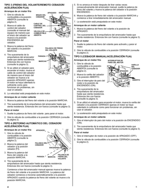 Page 244S
TIPO 3 (FRENO DEL VOLANTE/REMOTO CEBADOR/
ACELERACIÓN FIJA)
Arranque de un motor frío
1. Gire la válvula de 
combustible a la posición 
ABIERTA (consulte la 
página 2).
2. Mueva el cable de 
control del cebador 
(consulte el manual del 
equipo) de manera que 
el brazo del cebador se 
mueva a la posición 
ENCENDIDA del 
cebador.
3. Mueva la palanca del freno 
del volante a la posición 
MARCHA.
4. Tire suavemente de la 
empuñadura del arrancador 
hasta que sienta resistencia. 
Entonces tire con fuerza...