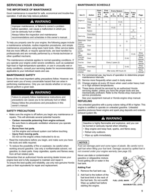 Page 55E
SERVICING YOUR ENGINE 
THE IMPORTANCE OF MAINTENANCE 
Good maintenance is essential for safe, economical and trouble-free 
operation. It will also help reduce pollution.
To help you properly care for your engine, the following pages include 
a maintenance schedule, routine inspection procedures, and simple 
maintenance procedures using basic hand tools. Other service tasks 
that are more difficult, or require special tools, are best handled by 
professionals and are normally performed by a Honda...