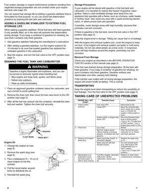 Page 88E
Fuel system damage or engine performance problems resulting from 
neglected storage preparation are not covered under your engine 
warranty (see page 33).
You can extend fuel storage life by adding a gasoline stabilizer that is 
formulated for that purpose, or you can avoid fuel deterioration 
problems by draining the fuel tank and carburetor.
ADDING A GASOLINE STABILIZER TO EXTEND FUEL 
STORAGE LIFE
When adding a gasoline stabilizer, fill the fuel tank with fresh gasoline. 
If only partially filled,...