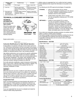 Page 99E
TECHNICAL & CONSUMER INFORMATION
TECHNICAL 
INFORMATION
Serial Number and 
Type Location
Record the engine serial 
number and type in the 
space below. You will 
need this information 
when ordering parts and 
when making technical or 
warranty inquiries. 
Engine serial number: __ __ __ __  – __ __ __ __ __ __ __
   Engine type: __ __ __ __
Carburetor Modifications for High Altitude Operation
At high altitude, the standard carburetor air-fuel mixture will be too 
rich. Performance will decrease, and...