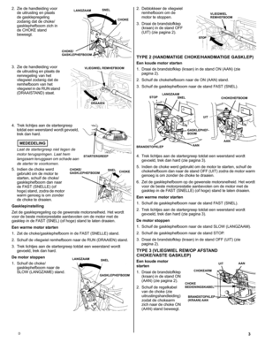 Page 133D
2. Zie de handleiding voor 
de uitrusting en plaats 
de gasklepregeling 
zodanig dat de choke/
gasklephefboom zich in 
de CHOKE stand 
beweegt.
3. Zie de handleiding voor 
de uitrusting en plaats de 
remregeling van het 
vliegwiel zodanig dat de 
remhefboom van het 
vliegwiel in de RUN stand 
(DRAAISTAND) staat. 
4. Trek lichtjes aan de startergreep 
totdat een weerstand wordt gevoeld, 
trek dan hard.
MEDEDELING
Laat de startergreep niet tegen de 
motor terugspringen. Laat hem 
langzaam teruggaan om...