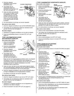 Page 144D
3. Schuif de vliegwiel 
remhefboom naar de RUN 
(DRAAIEN) stand.
4. Trek lichtjes aan de 
startergreep totdat een 
weerstand wordt gevoeld, trek 
dan hard (zie pagina 3).
5. Indien de choke werd gebruikt 
om de motor te starten, schuif 
de regelkabel van de choke 
zodat de chokearm zich naar 
de OFF (UIT) stand beweegt 
zodra de motor warm genoeg 
is om soepel zonder de choke 
te draaien. 
6. De motorsnelheid is bij dit type van tevoren ingesteld.
Een warme motor starten
1. Schuif de vliegwiel...