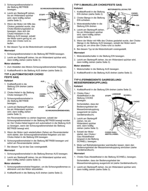 Page 44G
3. Schwungradbremshebel in 
die Stellung BETRIEB 
bewegen.
4. Leicht am Startergriff ziehen, 
bis ein Widerstand spürbar 
wird, dann kräftig ziehen 
(siehe Seite 3).
5. Wenn der Motor mit Hilfe des 
Chokes gestartet wurde, das 
Choke-Bedienungskabel so 
bewegen, dass sich der 
Choke-Hebelarm in die 
Stellung AUS bewegt, sobald 
der Motor warm genug ist, um 
ohne den Choke rund zu 
laufen.
6. Bei diesem Typ ist die Motordrehzahl voreingestellt.
Warmstart
1. Schwungradbremshebel in die Stellung BETRIEB...