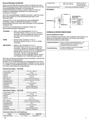 Page 1010G
Sauerstoffhaltige Kraftstoffe
Einige konventionelle Benzinsorten werden mit Alkohol oder einer 
Etherverbindung gemischt. Diese Benzinsorten bezeichnet man alle 
als sauerstoffhaltige Kraftstoffe. Zur Erreichung der 
Luftreinhaltungsnormen werden in einigen Teilen der USA und 
Kanadas sauerstoffhaltige Kraftstoffe zur Reduzierung der 
Emissionen verwendet.
Wenn Sie sauerstoffhaltigen Kraftstoff verwenden, stellen Sie sicher, 
dass dieser bleifrei ist und die Mindestanforderungen an die 
Oktanzahl...