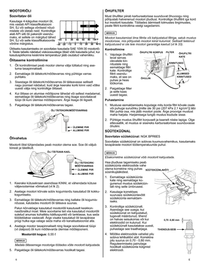 Page 6
6	E
MOOTORIÕLI
Soovitatav õli
Kasutage	 4-käigulise 	 mootori 	 õli, 	
mis
	 vastab 	 API 	 klassifikatsiooni 	
SH,
	 SJ 	 või 	 sellega 	 võrdseid 	 nõud
-
mistele
	
või
	
ületab
	
neid.
	
Kontrollige 	
alati
	
API
	
silti
	
õli
	
pakendil
	
veendu
-
maks,
	
et
	
sellele
	
on
	
märgitud
	
tähed 	
SH,
	
SJ
	
või
	
selle
	
klassifikatsioonile 	
võrdne
	
märgistus.
	
Üldiseks
	
kasutamiseks
	
on
	
soovitatav 	 kasutada 	 SAE 	 0W-30 	 mootoriõ
-
li.
	
Teiste
	
tabelis
	
näidatud
	
viskoossustega...