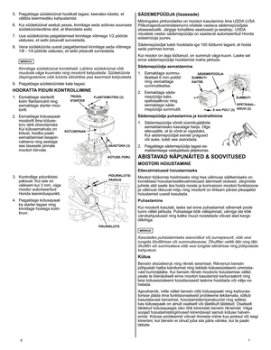 Page 7
E	7
SÄDEMEPÜÜDJA (lisaseade)
Mõningates	 piirkondades 	 on 	 mootori 	 kasutamine 	 ilma 	 USDA 	 (USA 	
Põllumajandusministeerium)-nõetele 	 vastava 	 sädemepüüdjata 	
ebaseaduslik. 	 Järgige 	 kohalikke 	 seaduseid 	 ja 	 eeskirju. 	 USDA 	
nõuetele 	 vastav 	 sädemepüüdja 	 on 	 saadaval 	 autoriseeritud 	 Honda 	
edasimüüja 	 juures. 	
Sädemepüüdjat 	 tuleb 	 hooldada 	 iga 	 00 	 töötunni 	 tagant, 	 et 	 hoida 	
seda 	 parimas 	 korras. 	
Kui 	 mootor 	 on 	 äsja 	 töötanud, 	 on 	 summuti...