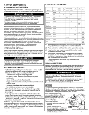 Page 5
E	5
KARBANTARTÁSI ÜTEMTERV
Tétel (1)Művelet
Minden használatnál vagy 6 óránként
Első hónap vagy 5 óra
Minden évadban00 óránként50 óránkéntOldalvagy 25 óránkéntvagy 50 óránként
MotorolajEllenőrzésO6
CsereOO (3)6
Levegőszűrő
EllenőrzésOO
6TisztításO (2)
CsereO	(200 óra)
Gyújtógyertya
Ellenőrzés/beállításO6CsereOSFlb(200 óra)
Tárcsafék-tengelykapcsolóEllenőrzésO*
Lendkerék-fékbetétEllenőrzésO7
SzikrafogóTisztításO7
Alapjárati fordulatszámBeállításO (4)Javítási kézikönyv
Üzemanyagtartály és...