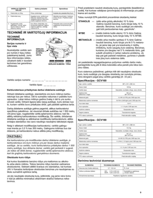 Page 9E	9
VARIKLIUI TRŪKSTA GALIOSGalima priežastisSprendimas
1.  Patikrinkite oro filtrą. Filtras užsikimšęs. Išvalykite arba pakeiskite filtrą (6 psl.).
2.   Patikrinkite kurą.
Sugedęs kuras, variklis buvo laikomas neapdorojus arba neišleidus benzino arba buvo pripilta sugedusio benzino.
Išleiskite kurą iš bako ir karbiura-toriaus (8 psl.). Pripilkite šviežio benzino.
3.     Nugabenkite variklį 
įgaliotajam „Honda“ aptar-navimo atstovui arba žr. dirbtuvių vadovą.
Kuro filtras užsikimšęs, kar-biuratoriaus...