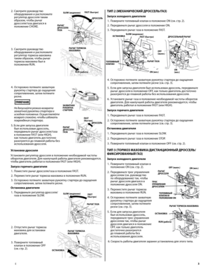 Page 3
E	3
2. Смотрите руководство оборудования и расположите регулятор дросселя таким образом, чтобы рычаг дросселя/газа двигался в положение CHOKE. 
3.  Смотрите руководство 
оборудования и расположите регулятор тормоза маховика таким образом, чтобы рычаг тормоза маховика был в положении RUN. 
4.  Осторожно потяните захватную 
рукоятку стартера до ощущения сопротивления, затем потяните резче. 
   
ПРИМЕЧАНИЕ
 Не допускайте резкого возврата захватной рукоятки стартера в исходное положение. Осуществляйте...