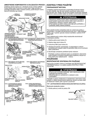 Page 2
	E
UMIESTNENIE KOMPONENTOV A OVLÁDACÍCH PRVKOV 
Ovládacia plocha motora sa v závislosti od typu motora odlišuje. Počas čítania časti Používanie a iných častí v tejto príručke si prečítajte jednotlivé nižšie uvedené schémy, podľa ktorých možno stanoviť konkrétny typ motora. 
 
KONTROLY PRED POUŽITÍM
PRIPRAVENOSŤ MOTORA 
Z hľadiska osobnej bezpečnosti a maximálnej životnosti motora je veľmi dôležité, aby ste pred začatím používania motora skon-trolovali jeho stav. Dbajte, aby ste pred začatím...