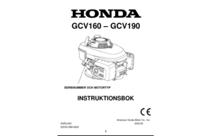 Page 11
GCV160 – GCV190
SERIENUMMER OCH MOTORTYP
INSTRUKTIONSBOK
American Honda Motor Co., Inc.
3SZ0LA00  2004.06
00X3S-ZM0-6020   