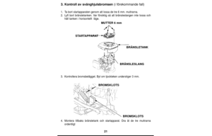 Page 2121
3. Kontroll av svänghjulsbromsen(i förekommande fall)
1.Ta bort startapparaten genom att lossa de tre 6 mm. muttrarna.
2.Lyft bort bränsletanken. Var försiktig så att bränsleslangen inte lossa och
håll tanken i horisontellt  läge.
3.Kontrollera bromsbelägget. Byt om tjockleken understiger 3 mm.
4.Montera tillbaks bränsletank och startapparat. Dra åt de tre muttrarna
ordentligt
MUTTER 6 mm
STARTAPPARAT
BRÄNSLETANK
BRÄNSLESLANG
BROMSKLOTS
BROMSKLOTS 