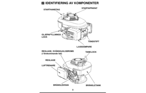 Page 55
IDENTIFIERING AV KOMPONENTER2
STARTHANDTAGSTARTAPPARAT
TÄNDSTIFT
LJUDDÄMPARE OLJEPAFYLLNINGS
LOCK
REGLAGE, SVÄNGHJULSBROMS
(i förekommande fall)TANKLOCK
BRÄNSLETANK BRÄNSLEKRAN LUFTRENAREREGLAGE 