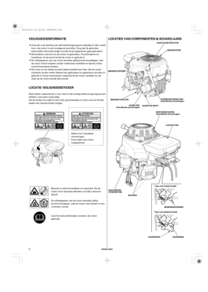 Page 2LOCATIES VAN COMPONENTEN & SCHAKELAARS VEILIGHEIDSINFORMATIE
LOCATIE VEILIGHEIDSSTICKER
NEDERLANDS
OLIEVULDOP/PEILSTOK
ZEEFROOSTER
BRANDSTOFPOMP
BRANDSTOFFILTEROLIEDRUKSCHAKELAAR
(betreffende uitvoeringen)
OLIEAFTAP-BOUT
REPETEERSTARTER
(betreffende uitvoeringen)
LUCHTFILTER
GASHENDEL CHOKEKNOP OLIEFILTER
(betreffende uitvoeringen)
Type met enkele hendel:
Type met dubbele hendel: ELEKTRISCHE
STARTMOTOR
BOUGIES
BEDIENINGSHENDEL
2
Zorg dat u de werking van alle bedieningsorganen begrijpt en dat u weet
hoe...
