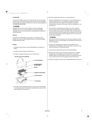 Page 9NEDERLANDS
LUCHTFILTER
Inspectie
Reinigen
BOUTEN VAN LUCHTFILTERDEKSEL
LUCHTFILTERDEKSEL
SCHUIMRUBBEREN
FILTERELEMENT
RASTER
PAPIEREN FILTERELEMENT
LUCHTFILTERVOET
LUCHTKANAAL
9
Een vervuild luchtfilter belemmert de luchtstroming naar de carburateur,
zodat de motor minder goed presteert. Als u de motor in een erg stoffige
omgeving gebruikt, reinig het luchtfilter dan vaker dan staat aangegeven in
het ONDERHOUDSSCHEMA.
Bij gebruik van de motor zonder luchtfilter of met een beschadigd
luchtfilter, kan er...