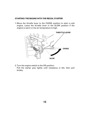 Page 1515
STARTING THE ENGINE WITH THE RECOIL STARTER
THROTTLE LEVER
SLOW CHOKE
Move the throttle lever to the CHOKE position to start a cold
engine. Leave the throttle lever in the SLOW position if the
engine is warm or the air temperature is high.
Turn the engine switch to the ON position.
Pull the starter grip lightly until resistance is felt, then pull
briskly.
1.
2. 