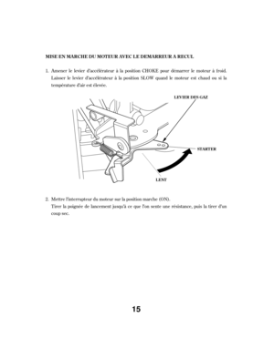 Page 15Mettre l’interrupteur du moteur sur la position marche (ON).
Tirer la poignée de lancement jusqu’à ce que l’on sente une résistance, puis la tirer d’un
coup sec. Amener le levier d’accélérateur à la position CHOKE pour démarrer le moteur à f roid.
Laisser le levier d’accélérateur à la position SLOW quand le moteur est chaud ou si la
température d’air est élevée.
1.
2. MISE EN MARCHE DU MOTEUR AVEC L E DEMARREUR A RECUL
ST A RT ER
LENT LEVIER DES GAZ
15 