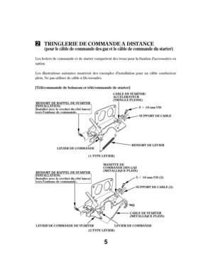 Page 5·
·
Les leviers de commande et de starter comportent des trous pour la f ixation d’accessoires en
option.
Les illustrations suivantes montrent des exemples d’installation pour un câble conducteur
plein. Ne pas utiliser de câble à f ils torsadés.
T RINGL ERIE DE COMMA NDE A DIST A NCE(pourlecâbledecommandedesgazetlecâbledecommandedustarter)
[Télécommandedeboisseauettélécommandedestarter]
(1-T YPE L EVIER) CABLEDESTARTER/
ACCEL ERAT EUR
(T RINGL E PL EINE)
MANETTE DE
COMMA NDE DES GA Z
(METALLIQUE...