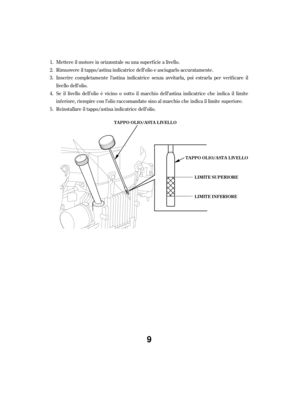 Page 9Mettere il motore in orizzontale su una superf icie a livello.
Rimuovere il tappo/astina indicatrice dell’olio e asciugarloaccuratamente.
Inserire completamente l’astina indicatrice senza avvitarla, poi estrarla per verif icare il
livello dell’olio.
Se il livello dell’olio è vicino o sotto il marchio dell’astina indicatrice che indica il limite
inf eriore, riempire con l’olio raccomandato sino al marchio che indica il limite superiore.
Reinstallare il tappo/astina indicatrice dell’olio.
1.
2.
3.
4.
5....