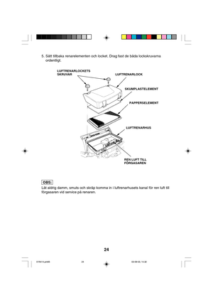 Page 2424
5. Sätt tillbaka renarelementen och locket. Drag fast de båda lockskruvarna
ordentligt.
Låt aldrig damm, smuts och skräp komma in i luftrenarhusets kanal för ren luft till
förgasaren vid service på renaren.
LUFTRENARLOCKETS
SKRUVAR LUFTRENARLOCK
SKUMPLASTELEMENT
PAPPERSELEMENT
LUFTRENARHUS
REN LUFT TILL
FÖRGASAREN
OBS:
01N414.pm6503-09-03, 14.32 24   