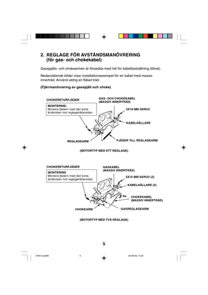 Page 55
2. REGLAGE FÖR AVSTÅNDSMANÖVRERING
(för gas- och chokekabel)
Gasspjälls- och chokearmen är försedda med hål för kabelfastsättning (tillval).
Nedanstående bilder visar installationsexempel för en kabel med massiv
innertråd. Använd aldrig en flätad tråd.
(Fjärrmanövrering av gasspjäll och choke)
(MOTORTYP MED ETT REGLAGE)
(MOTORTYP MED TVÅ REGLAGE)
CHOKEARM CHOKERETURFJÄDER
5X16 MM SKRUV (2)
KABELHÅLLARE (2)
CHOKEKABEL
(MASSIV INNERTRÅD)
GASREGLAGEARM MONTERING
Montera fjädern med den korta
ändkroken mot...