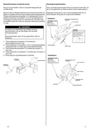 Page 14
4	 F
Batteriforbindelser til elektrisk starter
Brug	et	2	volt	batteri	med	en	amperetimekapacitet	på	
mindst	45	 Ah.	
Sørg	for	ikke	at	tilkoble	batteriet	med	omvendt	polaritet,	da	
dette	vil	medføre	kortslutning	af	batteriopladningssystemet.	
Tilkobl	altid	batteriets	pluskabel	(+)	til	batteripolen,	før	du	
tilkobler	batteriets	minuskabel	(–),	så	dit	værktøj	ikke	kan	
forårsage	en	kortslutning,	hvis	det	kommer	i	kontakt	med	
en	stelforbundet	del,	mens	du	spænder	batteriets	pluskabel	
(+)	fast....