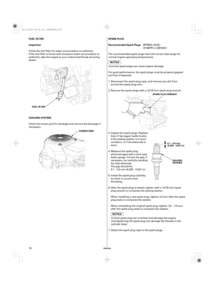 Page 10µ µµ
µ
µ
ENGLISH
SPARK PLUG
Recommended Spark Plugs: FUEL FILTER
Inspection
COOLING SYSTEM
FUEL FILTER
SEALING
WASHER SPARK PLUG WRENCH
SCREEN GRID
0.7 0.8 mm
(0.028 0.031 in)
10BPR5ES (NGK)
W16EPR-U (DENSO)
For good performance, the spark plugs must be properly gapped
and free of deposits. The recommended spark plugs have the correct heat range for
normal engine operating temperatures.
Incorrect spark plugs can cause engine damage.
Remove the spark plugs with a 13/16-inch spark plug wrench.
Inspect...