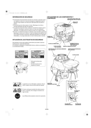 Page 2SITUACIONES DE LOS COMPONENTES Y
CONTROLES INFORMACIÓN DE SEGURIDAD
SITUACIÓN DE LAS ETIQUETAS DE SEGURIDAD
ESPAÑOL
FILTRO DE COMBUSTIBLE
FILTRO DE ACEITE
(tipos aplicables)
Tipo de palanca sencilla:
Tipo de palanca doble:FILTRO DE AIRE
PALANCA DE
CONTROL TAPA DE RELLENO/VARILLA DE
MEDICIÓN DEL NIVEL DE ACEITE
REJILLA DE
PANTALLA
INTERRUPTOR DE LA
PRESIÓN DEL ACEITE
(tipos aplicables)
PERNO DE DRENAJE DE ACEITE BOMBA DE
COMBUSTIBLE
MOTOR DE
ARRANQUE ELÉCTRICO
BUJÍAS
PALANCA DEL
ESTRANGULADORPALANCA DEL...