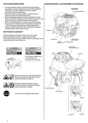 Page 2
2	
OHUTUSINFORMATSIOON
•	 Tutvuge 	 põhjalikult 	 kõikide 	 juhtseadmete 	 kasutamisega 	
ning 	 õppige 	 mootorit 	 hädaolukorra 	 puhul 	 kiiresti 	 seiskama. 	
Veenduge, 	 et 	 mootori 	 käsitleja 	 oleks 	 enne 	 seadme 	
kasutamist 	 piisavalt 	 instrueeritud. 	
•	 Ärge
	 laske 	 lastel 	 mootoriga 	 töötada. 	 Hoidke 	 lapsed 	 ja 	
koduloomad 	 mootori 	 kasutusalast 	 eemal. 	
•	 Mootori
	 heitgaasid 	 sisaldavad 	 mürgist 	 süsinikmonooksiidi. 	
Ärge 	 laske 	 mootoril 	 töötada 	 piiratud...