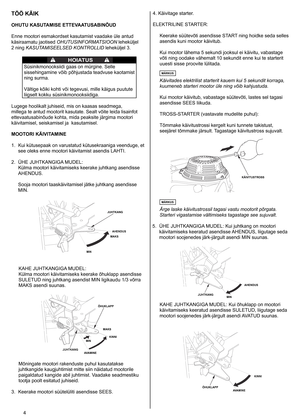 Page 4
4	
TÖÖ KÄIK
OHUTU KASUTAMISE ETTEVAATUSABINÕUD
Enne
	 mootori 	 esmakordset 	 kasutamist 	 vaadake 	 üle 	 antud 	
käsiraamatu
	 jaotised 	
OHUTUSINFORMATSIOON 	 leheküljel 		
2
	
ning
	
KASUTAMISEELSED KONTROLLID 	 leheküljel 	 3.
	HOIATUS
Süsinikmonooksiidi	 gaas 	 on 	 mürgine. 	 Selle 	
sissehingamine
	 võib 	 põhjustada 	 teadvuse 	 kaotamist 	
ning
	 surma. 	
Vältige
	 kõiki 	 kohti 	 või 	 tegevusi, 	 mille 	 käigus 	 puutute 	
liigselt
	 kokku 	 süsinikmonooksiidiga. 		
Lugege 	 hoolikalt...