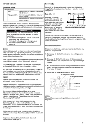 Page 7
	7
KÜTUSE LISAMINE
Soovitatav kütus
Pliivaba	 bensiin
USA Mootormeetodil 	 mõõdetud 	 oktaaniarv 	
86 	 või 	 kõrgem
Väljaspool
	 USA-dUurimismeetodil
	 mõõdetud 	 oktaaniarv 	
9 	 või 	 kõrgem
Mootormeetodil
	 mõõdetud 	 oktaaniarv 	
86 	 või 	 kõrgem
Antud
	
mootor 	 töötab 	 pliivaba 	 bensiiniga 	 Pliivaba 	 bensiini 	
kasutamine 	 vähendab 	 mootorile 	 ja 	 süüteküünaldele 	 sadenevate 	
jääkainete 	 hulka 	 ning 	 pikendab 	 heitgaasisüsteemi 	 kasutusiga. 	
HOIATUS
Bensiin	 on 	 väga...