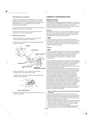 Page 11CONSEILS ET SUGGESTIONS UTILES
REMISAGE DU MOTEUR PARE-ETINCELLES (types applicables)
Nettoyage du pare-étincelles
Ajout d’un stabilisateur d’essence pour prolonger la durée de stockage
du carburant Préparation au remisage
Nettoyage
Carburant
FRANÇAIS
SILENCIEUX
PARE-ETINCELLES
GRILLE DE PARE-ETINCELLESDISPOSITIF DE
PROTECTION DU SILENCIEUX BOULONS A COLLERETTE
6mmBOULON A COLLERETTE
6mm
VIS SPECIALES
11
Le pare-étincelles doit être entretenu toutes les 100 heures pour pouvoir
continuer à fonctionner de...