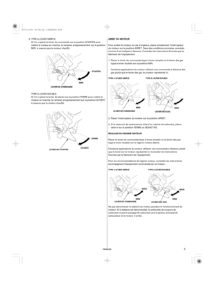 Page 5FRANÇAIS
REGLAGE DU REGIME MOTEUR ARRET DU MOTEUR
TYPE A LEVIER SIMPLE TYPE A LEVIER DOUBLE
LEVIER DE COMMANDEMINI
LEVIER DES GAZMINI
TYPE A LEVIER SIMPLE TYPE A LEVIER DOUBLE
LEVIER DE COMMANDEMINIMAXI
MAXI
MINI
LEVIER DES GAZ STARTER
MINI
LEVIER DE COMMANDE
FERME
OUVERT
LEVIER DE STARTER
5
Pour arrêter le moteur en cas d’urgence, placer simplement l’interrupteur
du moteur sur la position ARRET. Dans des conditions normales, procéder
comme il est indiqué ci-dessous. Consulter les instructions fournies...