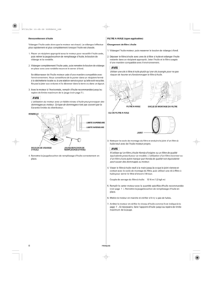 Page 8FRANÇAIS
Renouvellement d’huile FILTRE A HUILE (types applicables)
Changement de filtre à huile
RONDELLESOCLEDEMONTAGEDUFILTRE FILTRE A HUILE
CLEDEFILTREAHUILE
JOINT
JAUGE/BOUCHON DE
REMPLISSAGE D’HUILE BOULON DE VIDANGE
D’HUILELIMITE SUPERIEURE
LIMITE INFERIEURE
8
Vidanger l’huile usée alors que le moteur est chaud. La vidange s’effectue
plus rapidement et plus complètement lorsque l’huile est chaude.
Vidanger l’huile moteur, puis resserrer le boulon de vidange à fond.
Déposer le filtre à huile avec une...