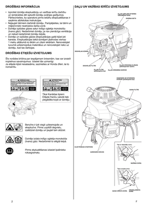 Page 2
2	 F
DROŠĪBAS INFORMĀCIJA
•  Izprotiet dzinēja ekspluatāciju un vadības ierīču darbību 
un iemācieties ātri apturēt dzinēju avārijas gadījumos. 
Pārliecinieties, ka operators pirms iekārtu ekspluatēšanas ir 
saņēmis atbilstošas instrukcijas. 
•
 
Neļaujiet bērniem darbināt dzinēju. Parūpējieties, lai bērni un 
mājdzīvnieki neatrastos darba zonā. 
•
 
Dzinēja izplūdes gāzes satur indīgo oglekļa monoksīdu 
(tvana gāzi). Nedarbiniet dzinēju, ja nav pienācīga ventilācija 
un nekad nedarbiniet dzinēju...