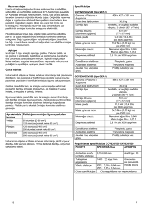 Page 166	 F
Rezerves daļas
Honda dzinēja emisijas kontroles sistēmas tika izstrādātas, 
uzbūvētas un sertificētas aizbilstoši EPA Kalifornijas pavalsts 
un Kanādas emisijas noteikumiem. Ikreiz, kad jāveic apkope, 
iesakām izmantot oriģinālās Honda daļas. Oriģinālās rezerves 
daļas ir izgatavotas atbilstoši tiem pašiem standartiem, kas 
pielietoti oriģinālam daļām, tādēļ Jūs varat būt droši par 
to sniegumu. Neoriģinālu rezerves daļu izmantošana var 
pasliktināt emisijas kontroles snieguma efektivitāti....