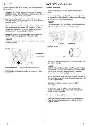 Page 8
8	 F
Eļļas mainīšana
Izlaidiet atstrādāto eļļu, kamēr dzinējs ir silts. Silta eļļa izplūst 
ātri un pilnīgi. 
1.
  Novietojiet zem dzinēja piemērotu konteineru, lai savāktu 
atstrādāto eļļu, tad izskrūvējiet eļļas uzpildes atveres vāku ar 
mērstieni , drenāžas skrūvi un paplāksni. 
2.
 
Ļaujiet atstrādātajai eļļai iztecēt pilnībā, tad ieskrūvējiet 
vietā drenāžas skrūvi un jaunu paplāksni un cieši pievelciet 
drenāžas skrūvi. 
Lūdzu iznīciniet atstrādāto motoreļļu videi draudzīgā veidā. 
Mēs iesakām to...