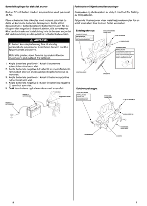 Page 14
4	 F
Batteritilkoplinger for elektrisk starter 
Bruk	et	2	volt	batteri	med	en	ampere/time-verdi	på	minst	
45	Ah.	
Påse	at	batteriet	ikke	tilkoples	med	motsatt	polaritet	da	
dette	vil	kortslutte	batteriets	ladesystem.	Koble	alltid	
den	positivt	(+)	batterikabelen	til	batteriterminalen	før	du	
tilkopler	den	negative	(-)	batterikabelen,	slik	at	verktøyet	
ikke	kan	forårsake	en	kortslutning	hvis	de	berører	en	jordet	
del	ved	stramming	av	den	positive	(+)	batterikabelenden.	
Et	batteri	kan...