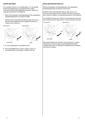 Page 5
F	5
STOPPE MOTOREN 
For	å	stoppe	motoren	i	en	nødsituasjon,	vrir	du	ganske	
enkelt	tenningsbryteren	til	posisjonen	AV.	Under	
normale	forhold	brukes	følgende	prosedyre.	Referer	til	
utstyrsprodusentens	instruksjoner.	
.	 Skyv	kontrollspaken	(enkeltspaketype)	eller	gasspaken	
(dobbeltspaketype)	til	posisjonen	MIN.	
Enkelte	motor/utstyrskombinasjoner	gjør	bruk	av	en	
fjernmontert	gasspak	fremfor	gasspak	montert	på	
motoren	som	vises	her.	
2.	 Vri	tenningsbryteren	til	posisjonen	 AV.	
3.	 Hvis...