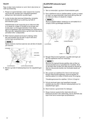 Page 8
8	F
Oljeskift 
Tapp	ut	oljen	mens	motoren	er	varm.	Varm	olje	renner	ut	
raskt	og	fullstendig.	
.	 Plasser	en	egnet	beholder	under	motoren	for	å	samle	
opp	brukt	olje,	deretter	fjern	oljepåfyllingshetten/
peilepinnen,	tømmebolten	og	pakningen.	
2.	 La	den	brukte	oljen	tømmes	fullstendig,	reinstaller	
deretter	tømmebolt	og	ny	pakning,	og	trekk	til	
tømmebolten	godt.	
Avfallshåndter	brukt	motorolje	på	en	måte	som	ikke	
er	til	skade	for	miljøet.	 Vi	foreslår	at	du	bringer	den	
brukte	oljen	i	en...