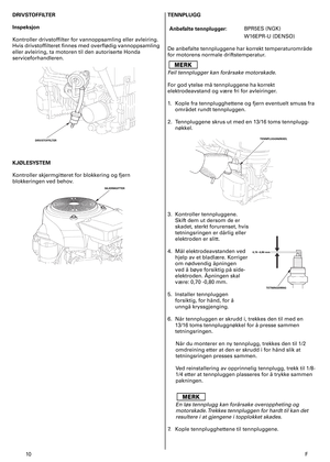 Page 10
0	 F
DRIVSTOFFILTER 
Inspeksjon 
Kontroller	drivstoffilter	for	vannoppsamling	eller	avleiring.	
Hvis	drivstoffilteret	finnes	med	overflødig	vannoppsamling	
eller	avleiring,	ta	motoren	til	den	autoriserte	Honda	
serviceforhandleren.		
KJØLESYSTEM	
Kontroller	skjermgitteret	for	blokkering	og	fjern	
blokkeringen	ved	behov.		
TENNPLUGG 
Anbefalte tennplugger:BPR5ES	(NGK)
W6EPR-U	(DENSO)
De	anbefalte	tennpluggene	har	korrekt	temperaturområde	
for	motorens	normale	driftstemperatur.	
Feil tennplugger...