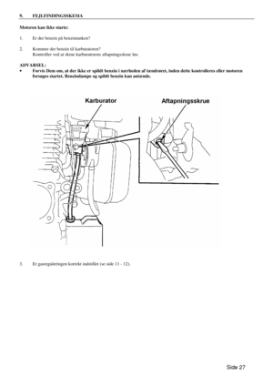 Page 25Side 27  9. FEJLFINDINGSSKEMA  
Motoren kan ikke starte: 
 
1. Er der benzin på benzintanken? 
 
2. Kommer der benzin til karburatoren? 
 Kontroller ved at skrue karburatorens aftapningsskrue løs. 
 
ADVARSEL: 
· Forvis Dem om, at der ikke er spildt benzin i nærheden af tændrøret, inden dette kontrolleres eller motoren 
forsøges startet. Benzindampe og spildt benzin kan antænde. 
 
 
3. Er gasreguleringen korrekt indstillet (se side 11 - 12). 
    