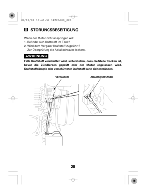 Page 2828
STÖRUNGSBESEITIGUNG
Falls Kraftstoff verschüttet wird, sicherstellen, dass die Stelle trocken ist,
bevor die Zündkerzen geprüft oder der Motor angelassen wird.
Kraftstoffdämpfe oder verschütteter Kraftstoff kann sich entzünden.
ABLASSSCHRAUBE VERGASER
Wenn der Motor nicht anspringen will:
Befindet sich Kraftstoff im Tank?
Wird dem Vergaser Kraftstoff zugeführt?
Zur Überprüfung die Ablaßschraube lockern. 1.
2. 06/12/01 19:41:52 34Z2L600_028 