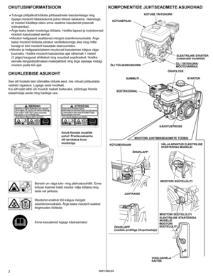 Page 2
2 EEsti kEElEs

ohutusiNFoRMA
tsiooN
	• Tutvuge põhjalikult kõikide juhtseadmete kasutamisega ning 
õppige mootorit hädaolukorra puhul kiiresti seiskama. Veenduge, 
et mootori käsitleja oleks enne seadme kasutamist piisavalt 
instrueeritud. 
	•  Ärge laske lastel mootoriga töötada. Hoidke lapsed ja kodulooma\
d 
mootori kasutusalast eemal. 
	•  Mootori heitgaasid sisaldavad mürgist süsinikmonooksiidi. Ärge \
laske mootoril töötada piiratud ventilatsiooniga alas ning mitte 
kunagi ei tohi mootorit...